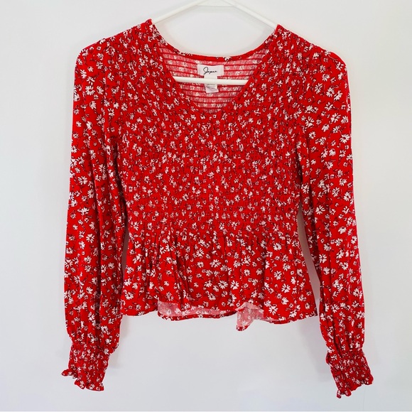 EUC Women Floral Shirred V Neck Crop Top Long Sleeve Red XS - Picture 2 of 8